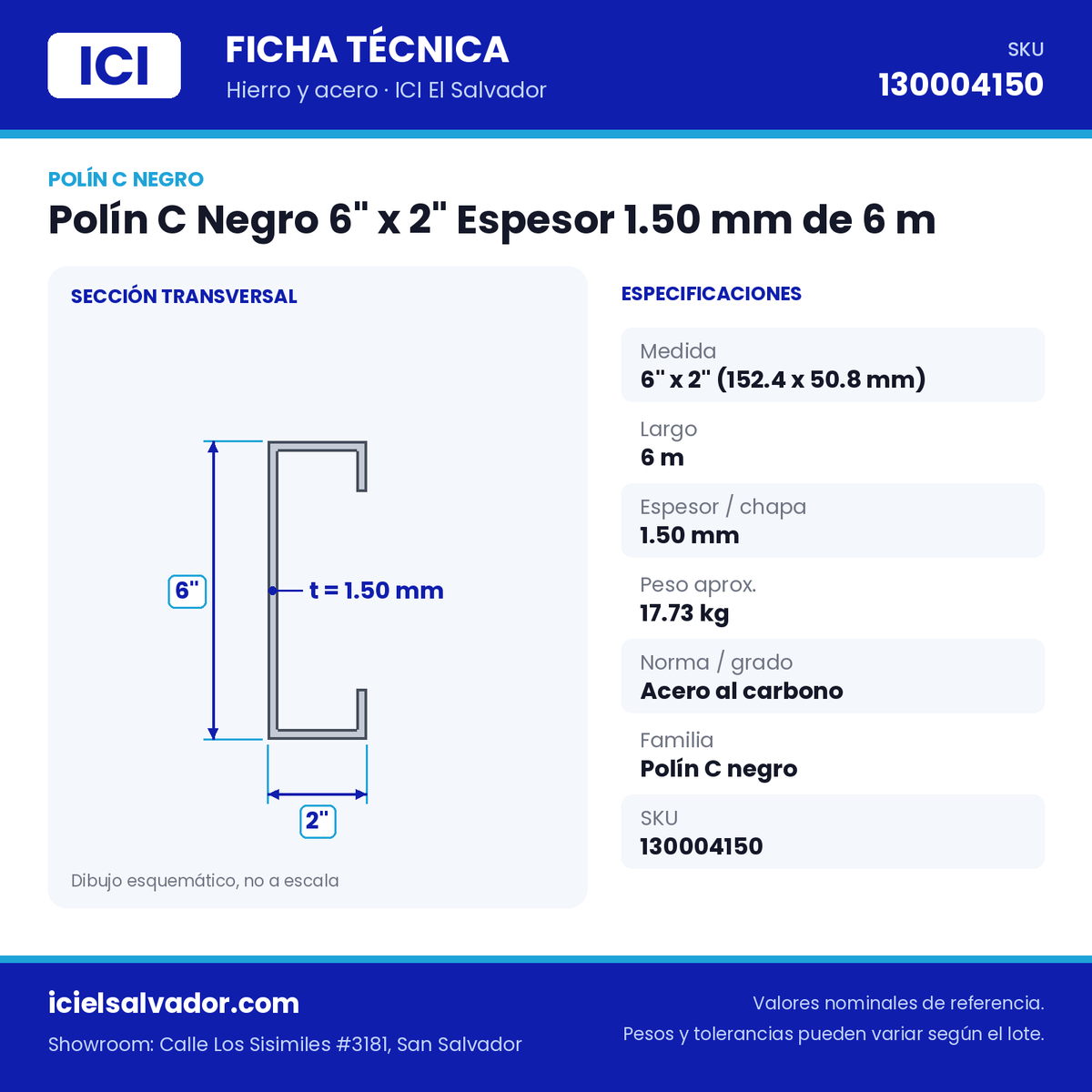 Ficha técnica Polín C Negro 6" x 2" Espesor 1.50 mm de 6 m – ICI El Salvador
