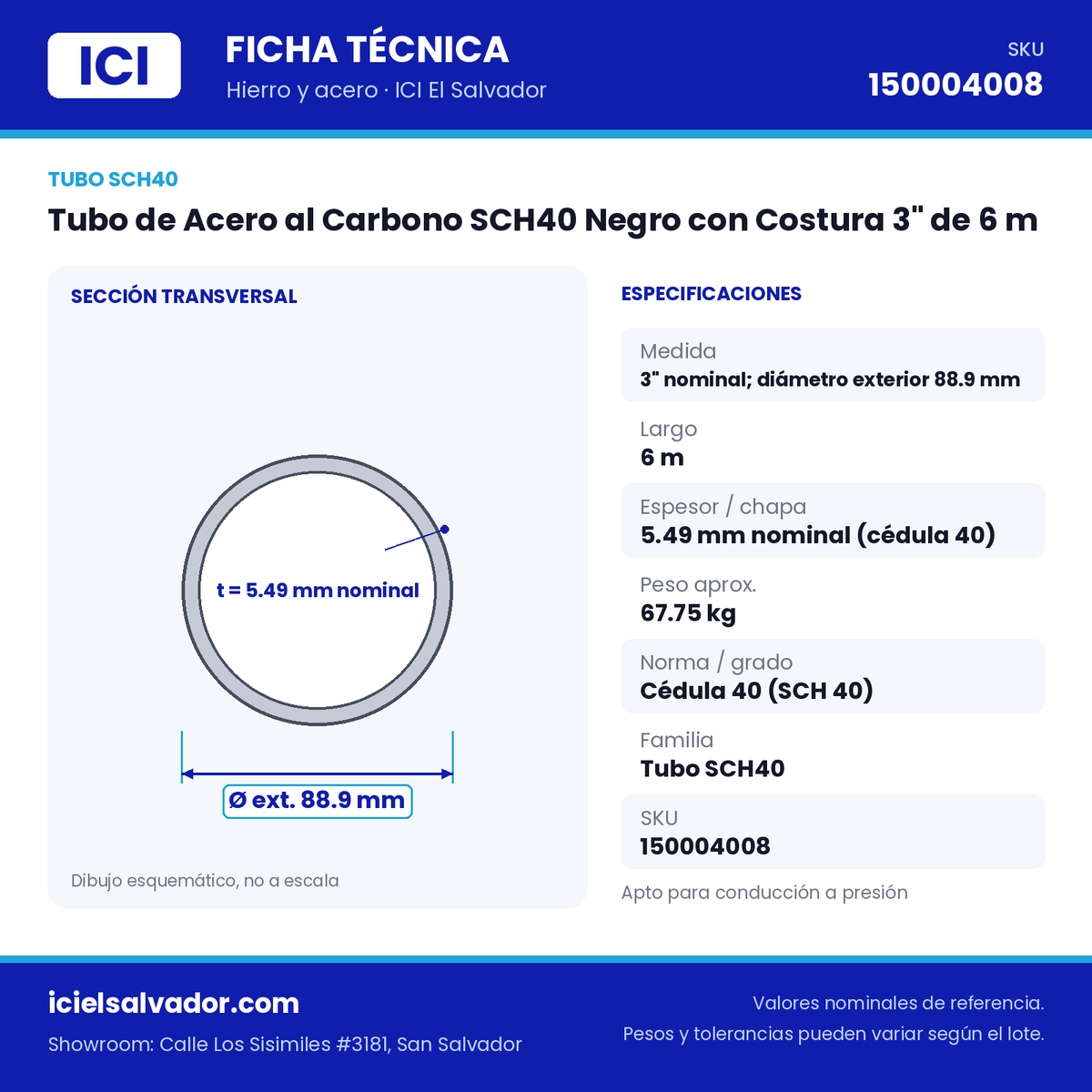 Ficha técnica Tubo de Acero al Carbono SCH40 Negro con Costura 3" de 6 m – ICI El Salvador