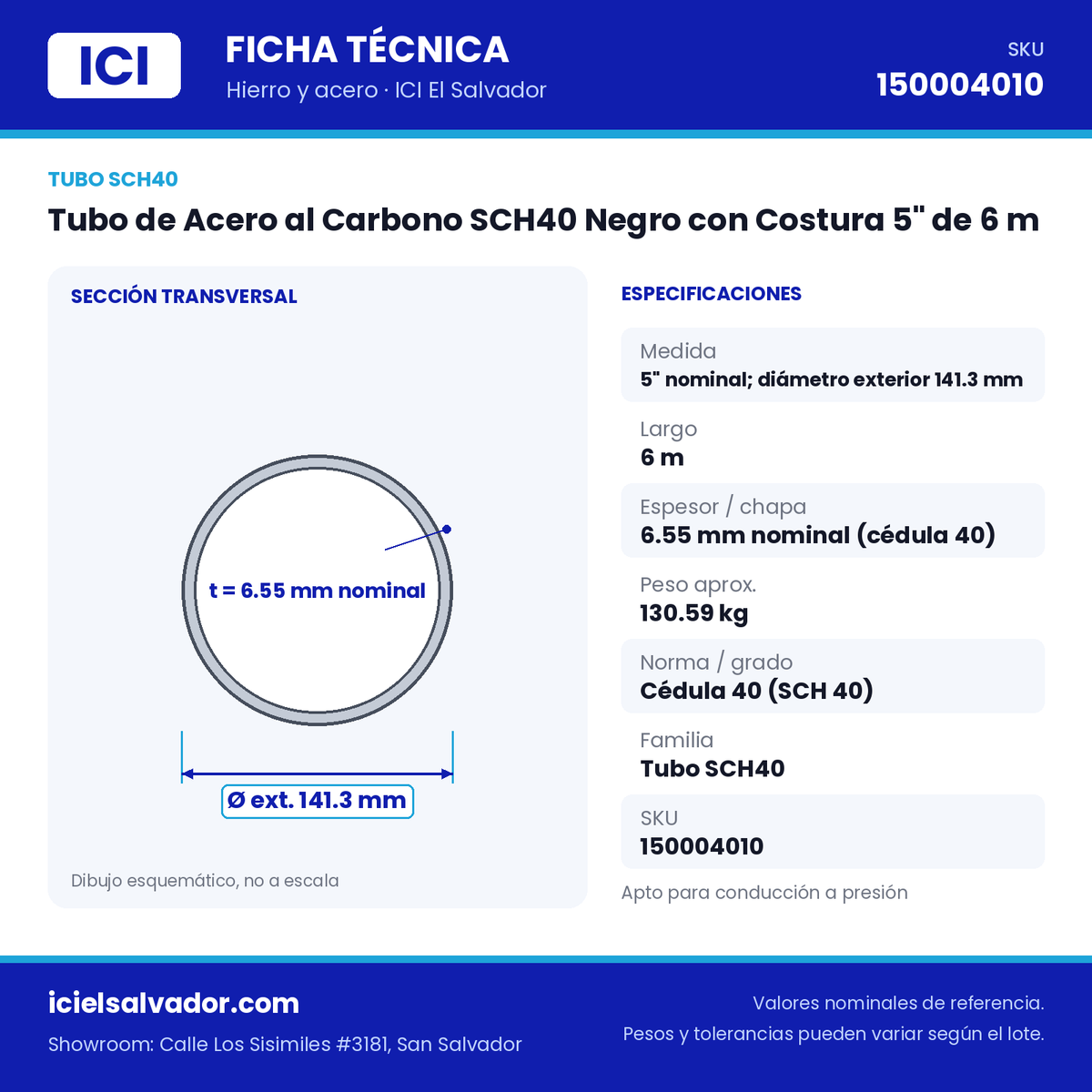Ficha técnica Tubo de Acero al Carbono SCH40 Negro con Costura 5" de 6 m – ICI El Salvador