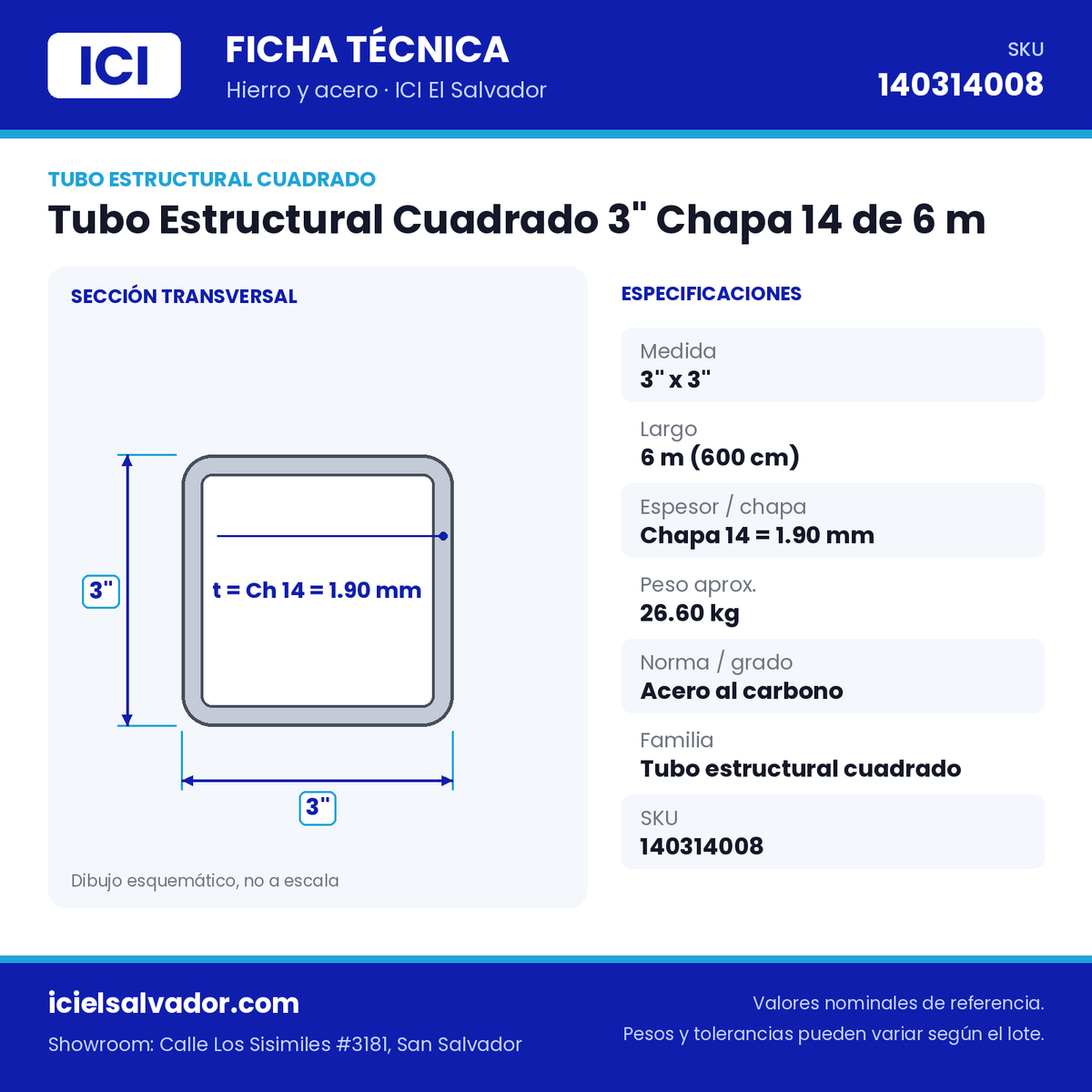 Ficha técnica Tubo Estructural Cuadrado 3" Chapa 14 de 6 m – ICI El Salvador