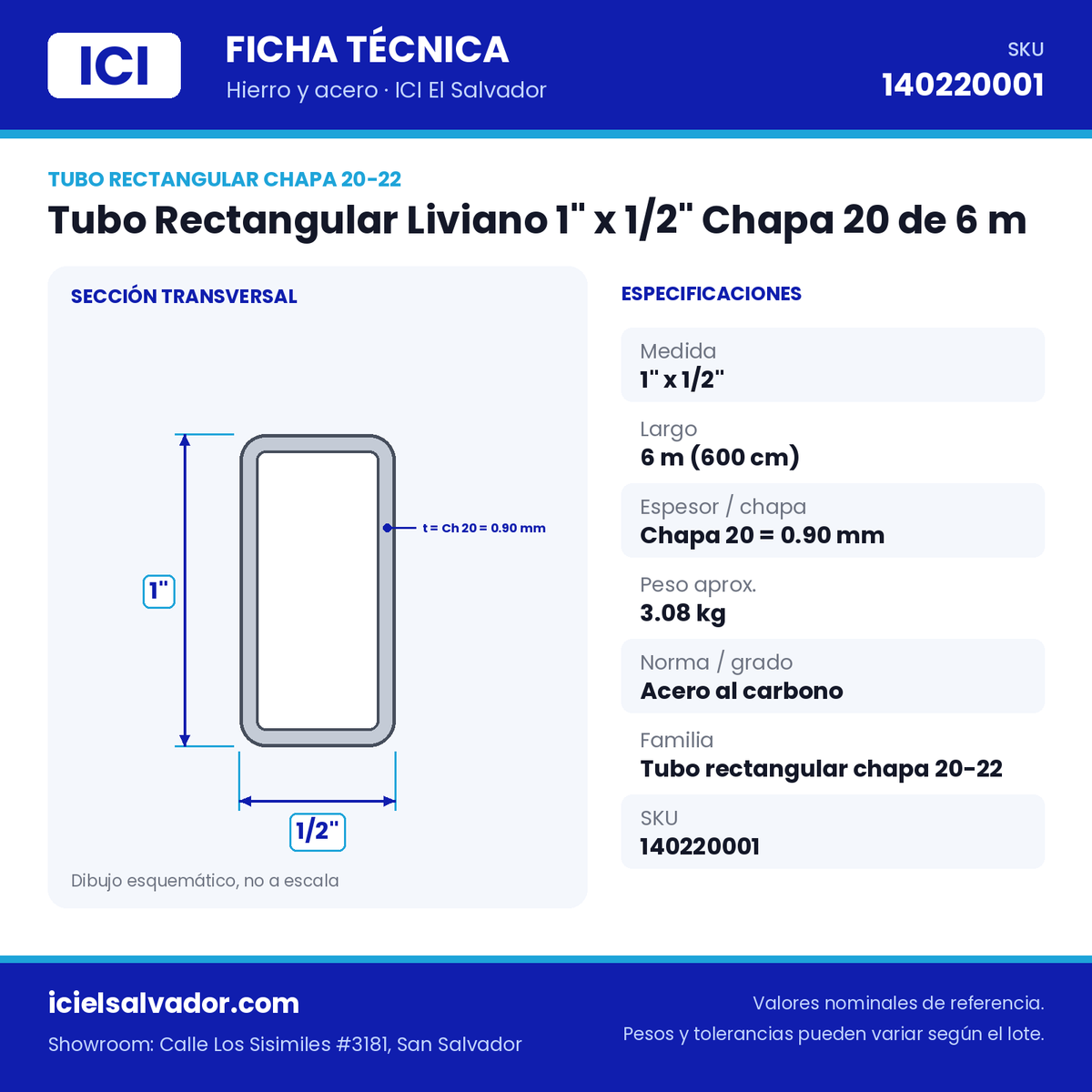 Ficha técnica Tubo Rectangular Liviano 1" x 1/2" Chapa 20 de 6 m – ICI El Salvador