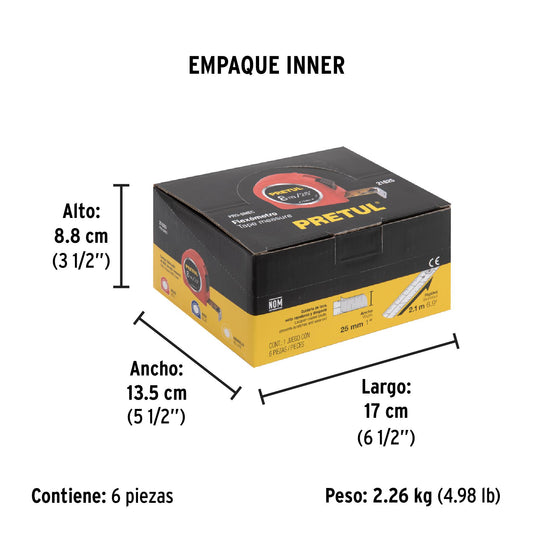 Cinta métrica de 8 m con cinta de 25 mm en display box con 6 piezas
