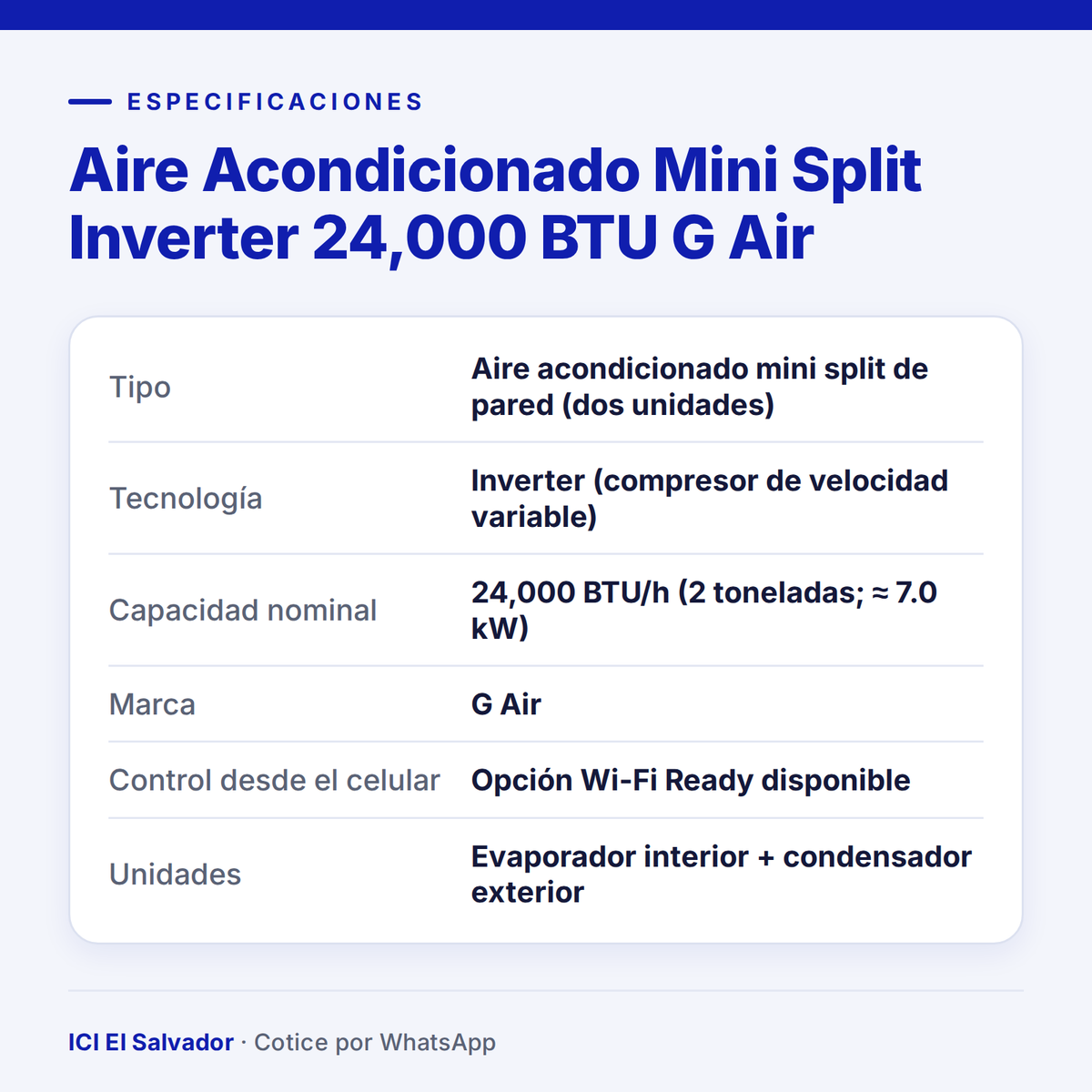 Ficha de especificaciones: mini split inverter G Air 24,000 BTU