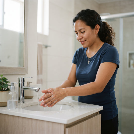 Imagen ilustrativa de uso: una mujer se lava las manos en un lavabo moderno con grifo monomando
