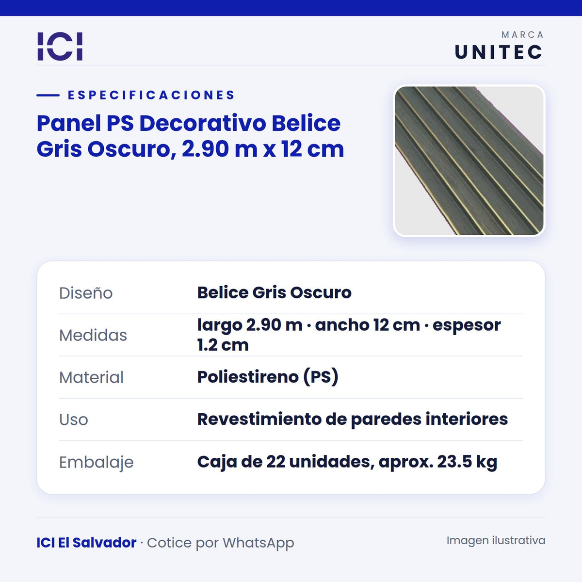 Ficha de especificaciones de Panel PS Decorativo Belice Gris Oscuro