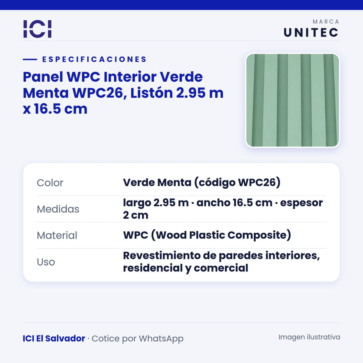 Ficha de especificaciones de Panel WPC Interior Verde Menta WPC26