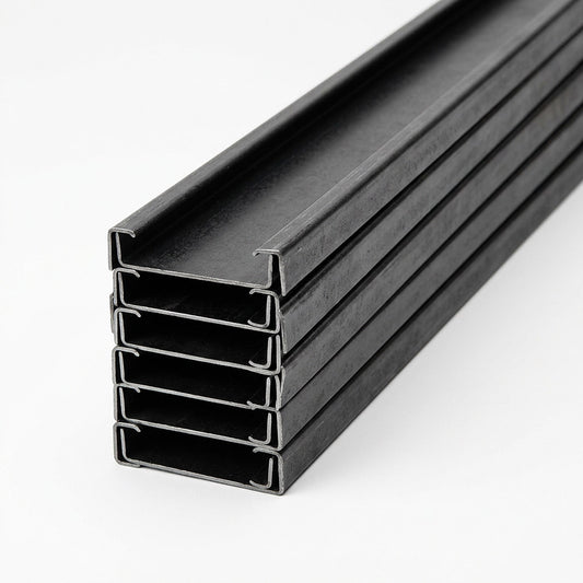 Pila de polines C negros de acero laminado en frío con pestañas visibles, imagen referencial