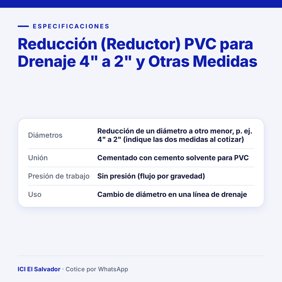 Reducción (reductor) PVC para drenaje — tarjeta de especificaciones