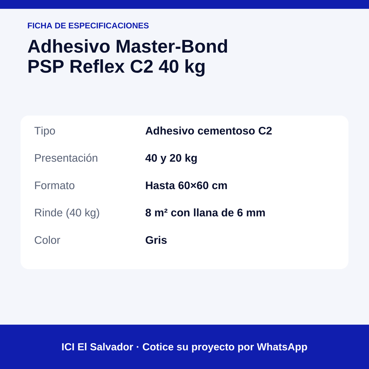 Pegamento para porcelanato Master-Bond PSP 40 kg — tarjeta de especificaciones