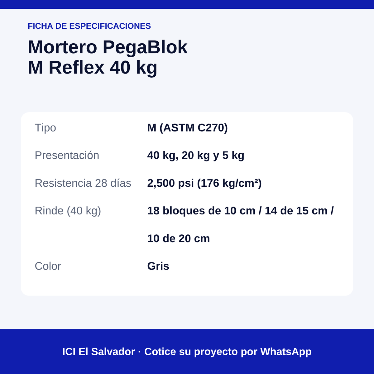 Mortero de pega PegaBlok M 40 kg — tarjeta de especificaciones