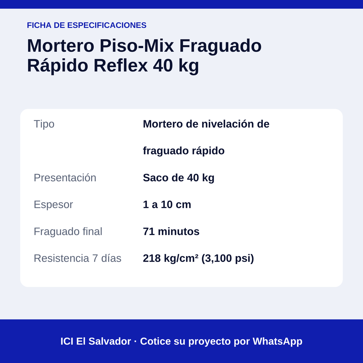 Mortero Piso-Mix Fraguado Rápido Reflex 40 kg — tarjeta de especificaciones