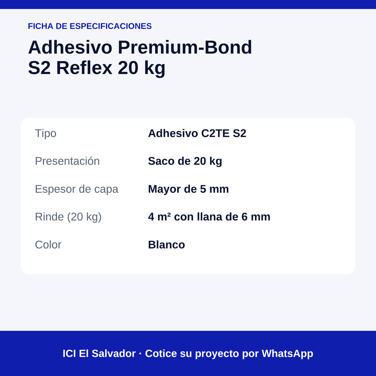 Adhesivo deformable Premium-Bond S2 20 kg — tarjeta de especificaciones