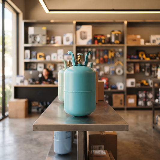 Cilindro desechable de gas R32 en un showroom de climatización