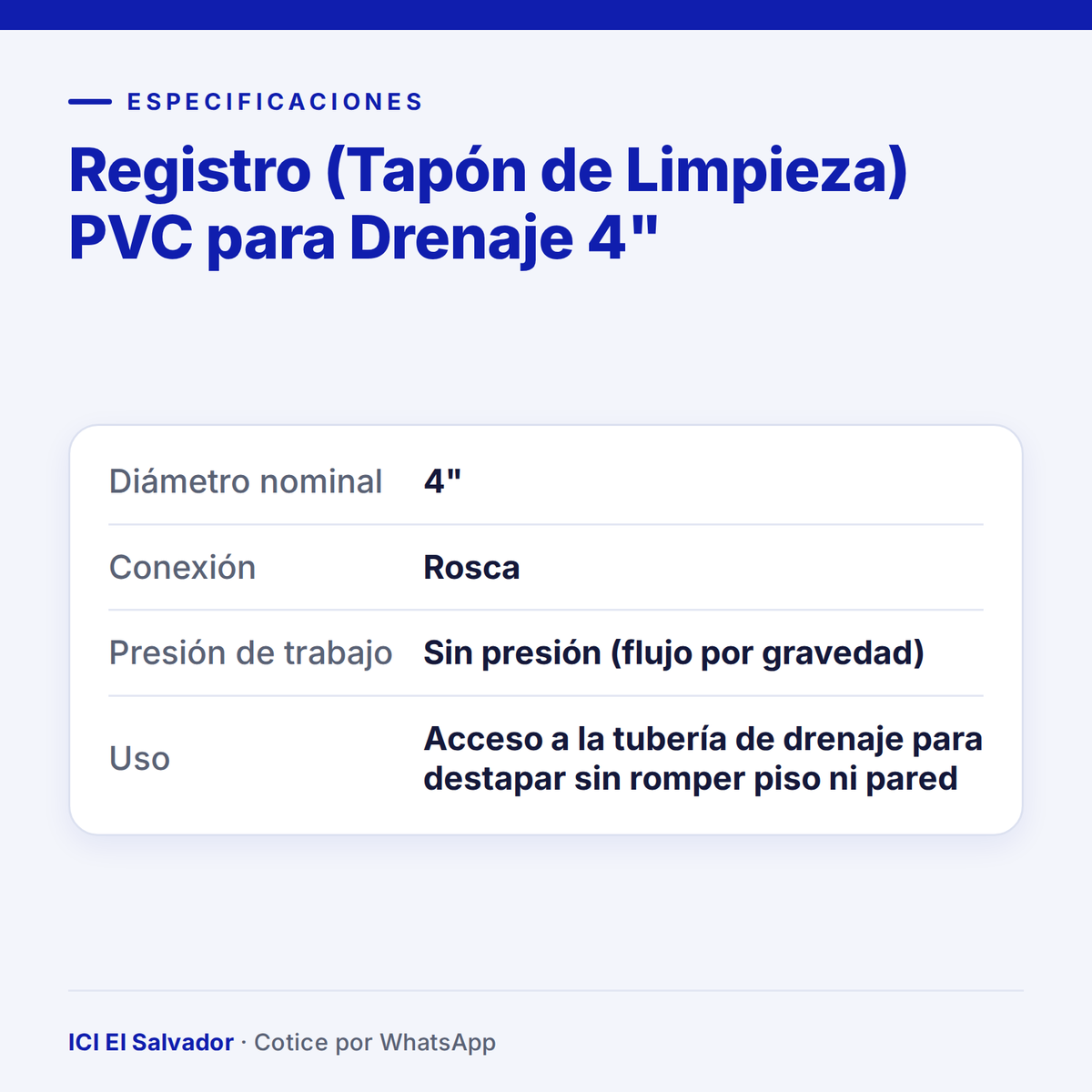 Registro (tapón de limpieza) PVC 4" para drenaje — tarjeta de especificaciones
