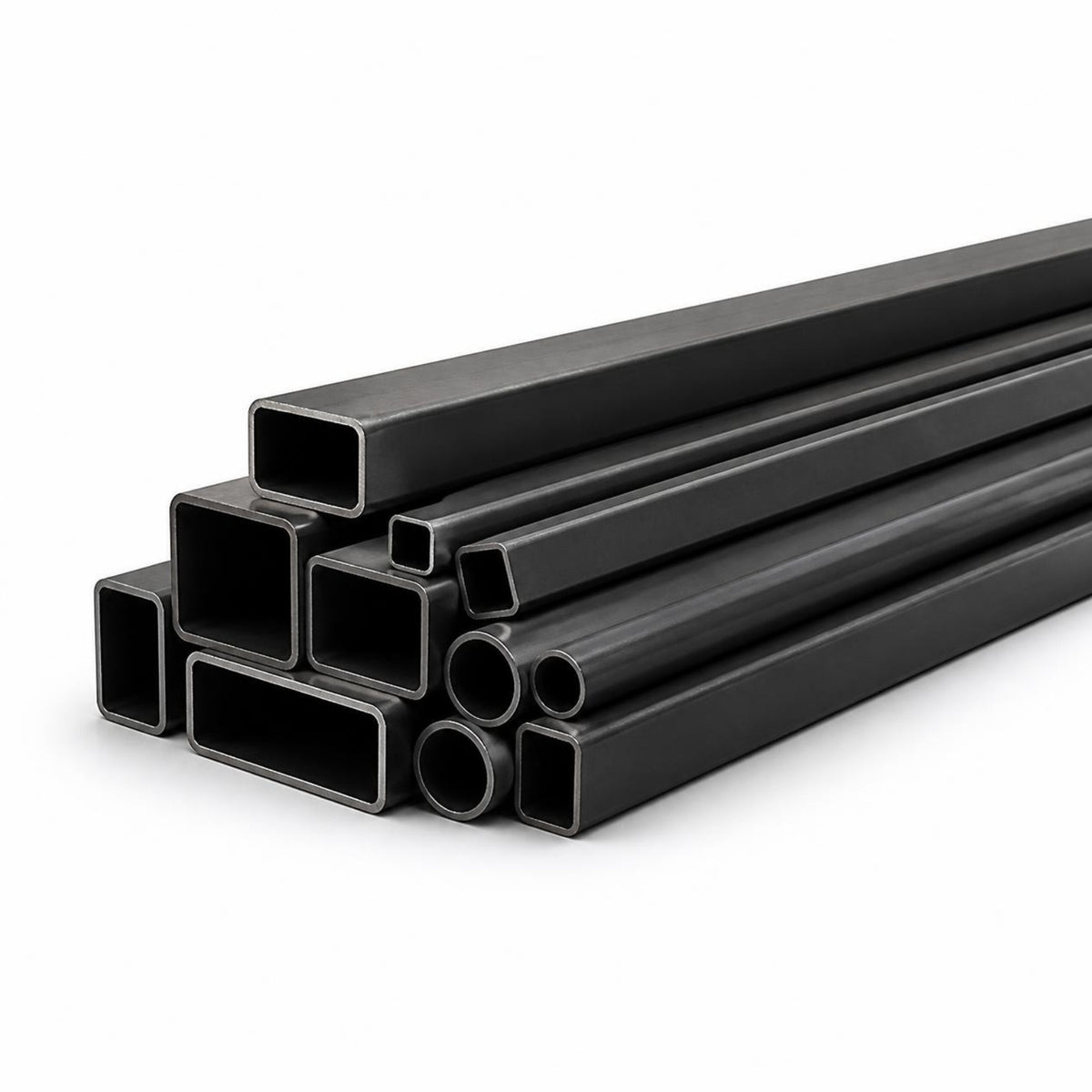 Tubo estructural cuadrado negro 1x1 chapa 14 — haz de tubos sobre fondo blanco