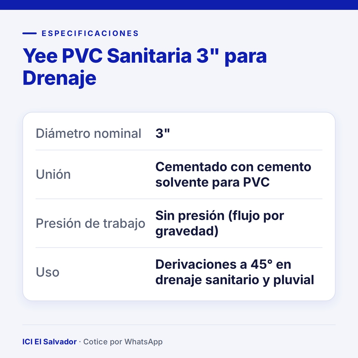 Yee PVC sanitaria 3" para drenaje — tarjeta de especificaciones