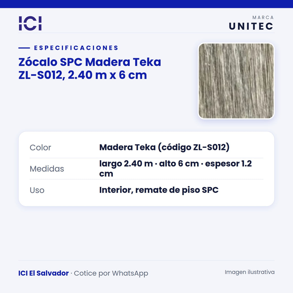 Ficha de especificaciones de Zócalo SPC Madera Teka ZL-S012