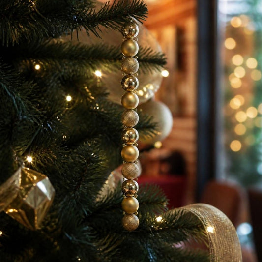 Tubito 12 Esferitas Navideñas 6 cm doradas colgadas en un árbol de Navidad con luces cálidas