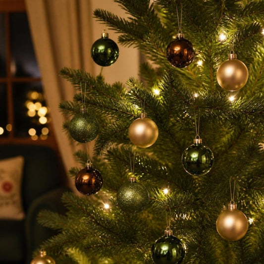 Tubo 12 Esferas Navideñas Pintadas 8 cm — esferas moca, verde musgo y champaña en un árbol con luces cálidas