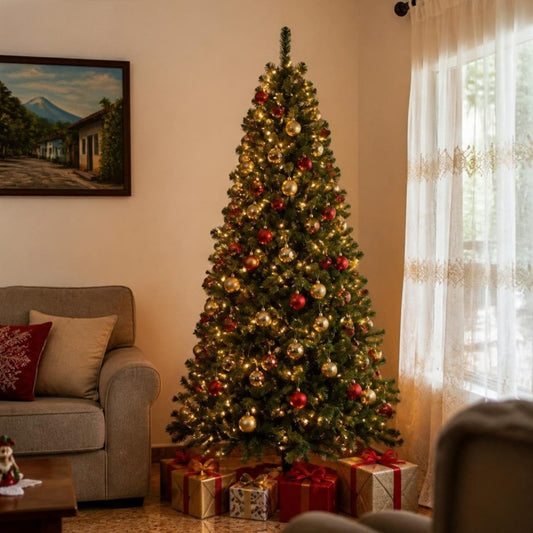 Árbol de Navidad Imperial Verde 2.00 m — decorado con esferas rojas y doradas, luces cálidas y regalos en una sala luminosa