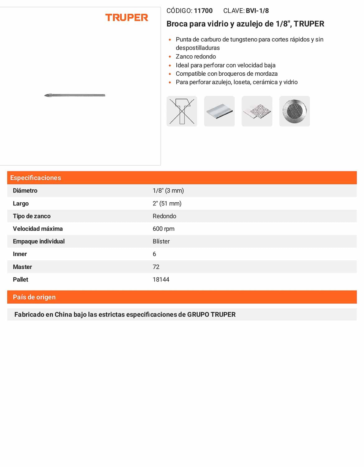 Broca para vidrio y azulejo de 1/8"
