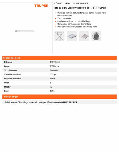 Broca para vidrio y azulejo de 1/8"