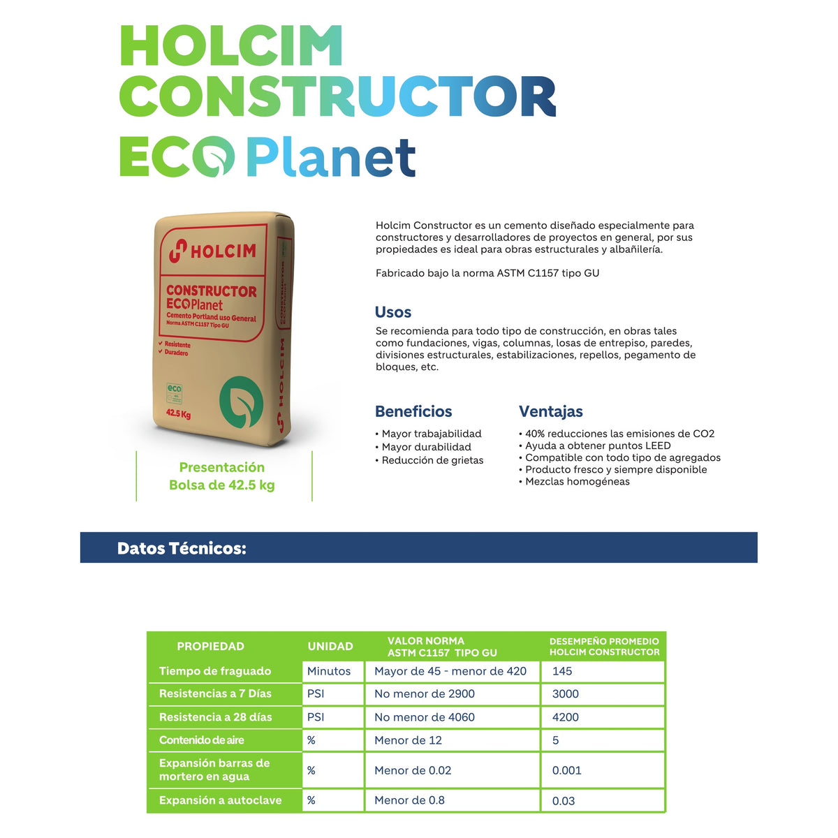 Ficha técnica cemento Holcim Constructor Eco Planet: usos, beneficios y resistencia 4,200 PSI a 28 días