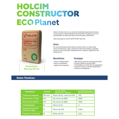Ficha técnica cemento Holcim Constructor Eco Planet: usos, beneficios y resistencia 4,200 PSI a 28 días