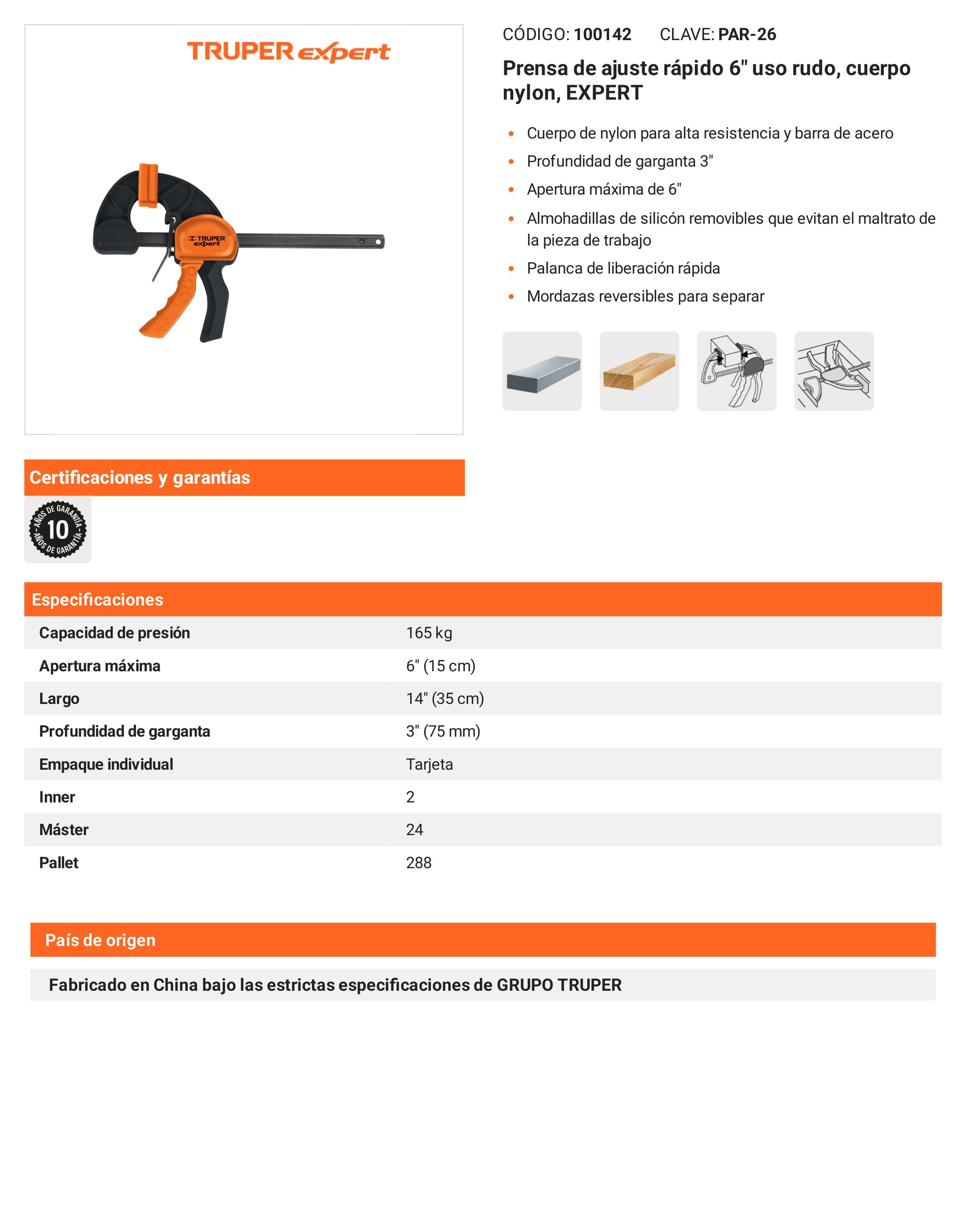 Ficha tecnica - Prensa de ajuste rapido 6 pulg uso rudo - SKU 100142