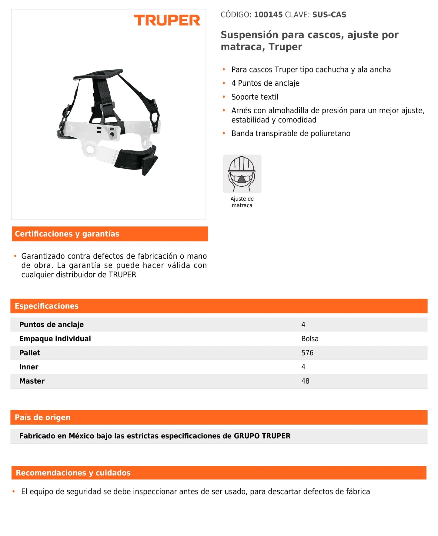 Suspensión para cascos con ajuste por matraca