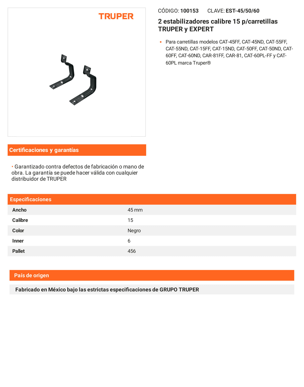 Ficha tecnica - 2 estabilizadores calibre 15 p/carretillas - SKU 100153