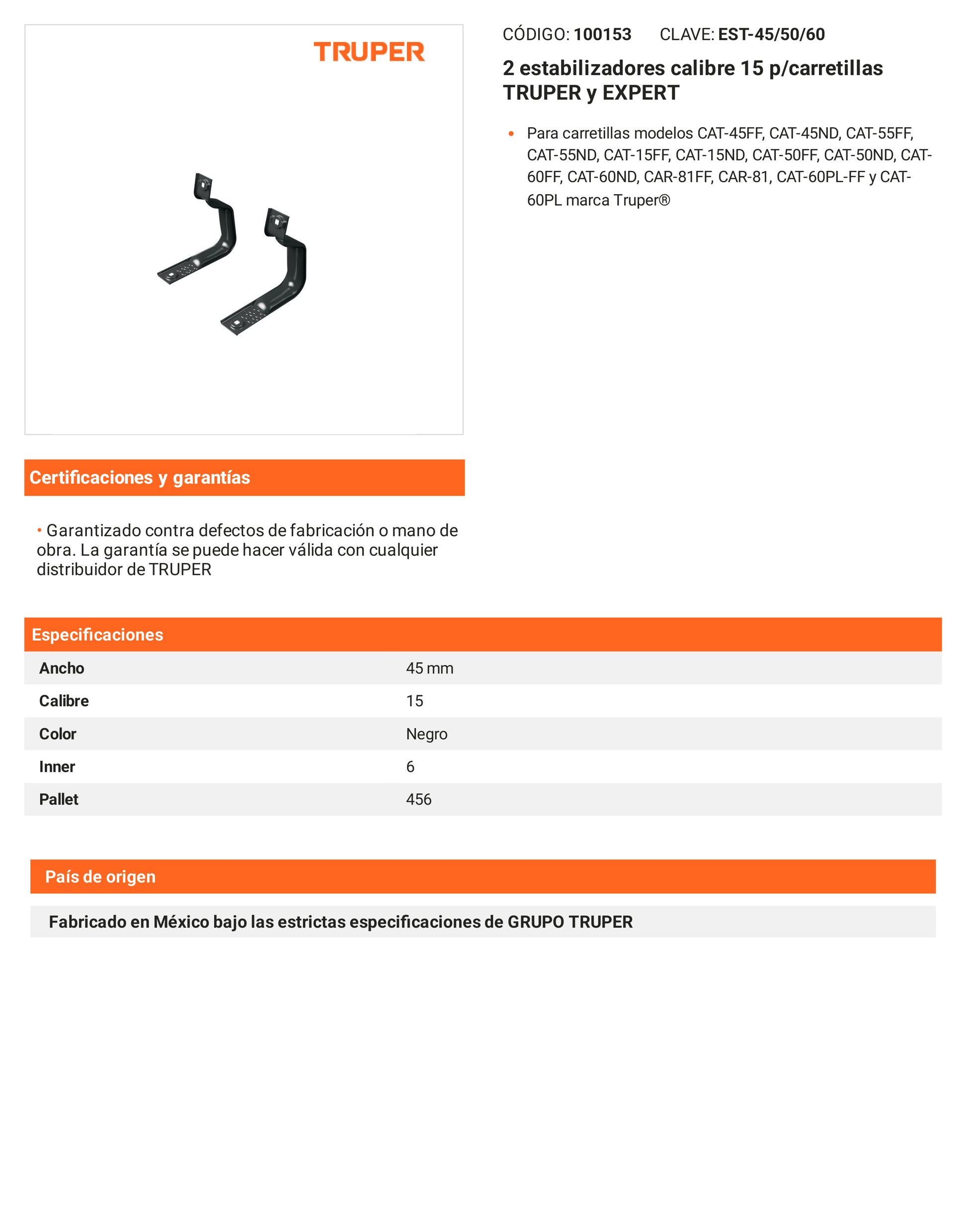 Ficha tecnica - 2 estabilizadores calibre 15 p/carretillas - SKU 100153