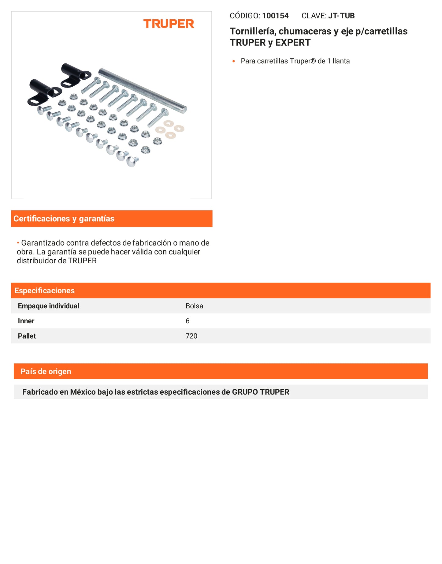 Ficha tecnica - Tornilleria chumaceras y eje p/carretillas - SKU 100154