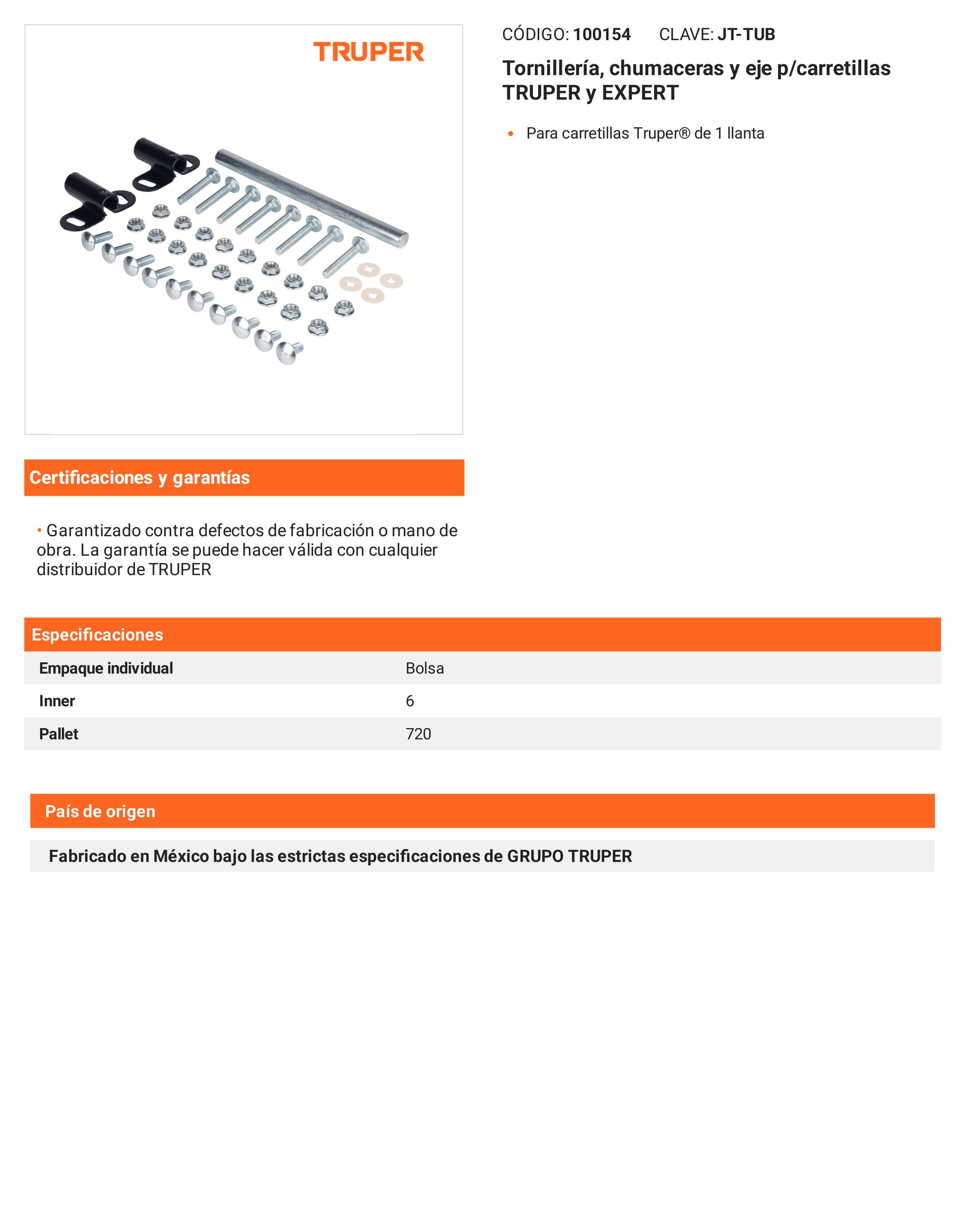 Ficha tecnica - Tornilleria chumaceras y eje p/carretillas - SKU 100154