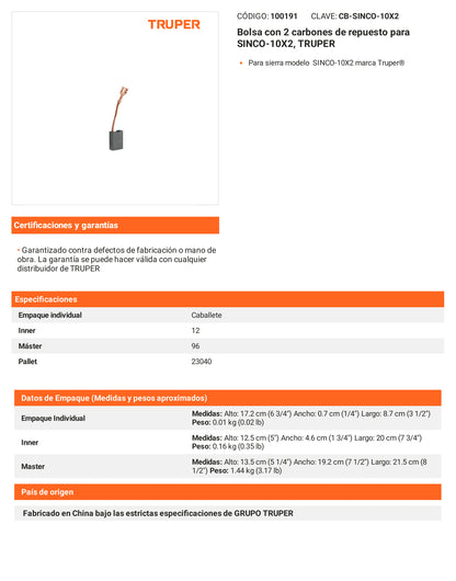 Ficha tecnica - 2 carbones para SINCO-10X2 - SKU 100191