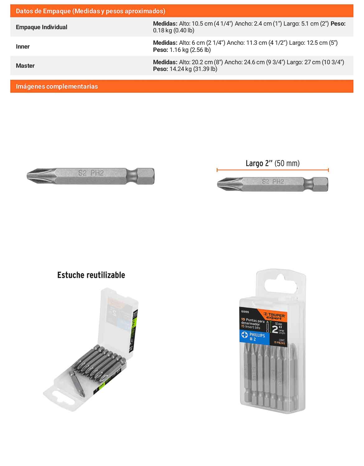 Puntas de Cruz PH2 de 2"  Estuche con 15 unidades