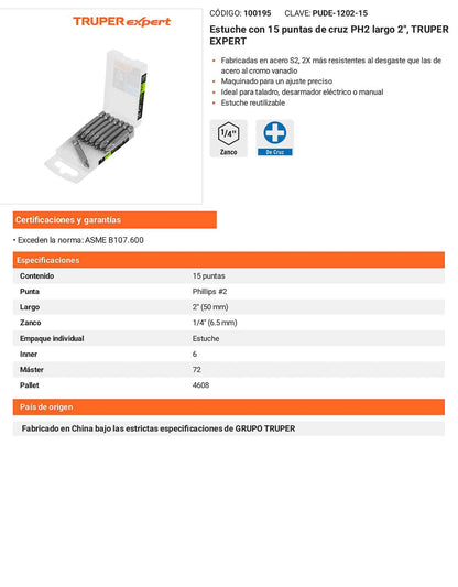 Puntas de Cruz PH2 de 2"  Estuche con 15 unidades