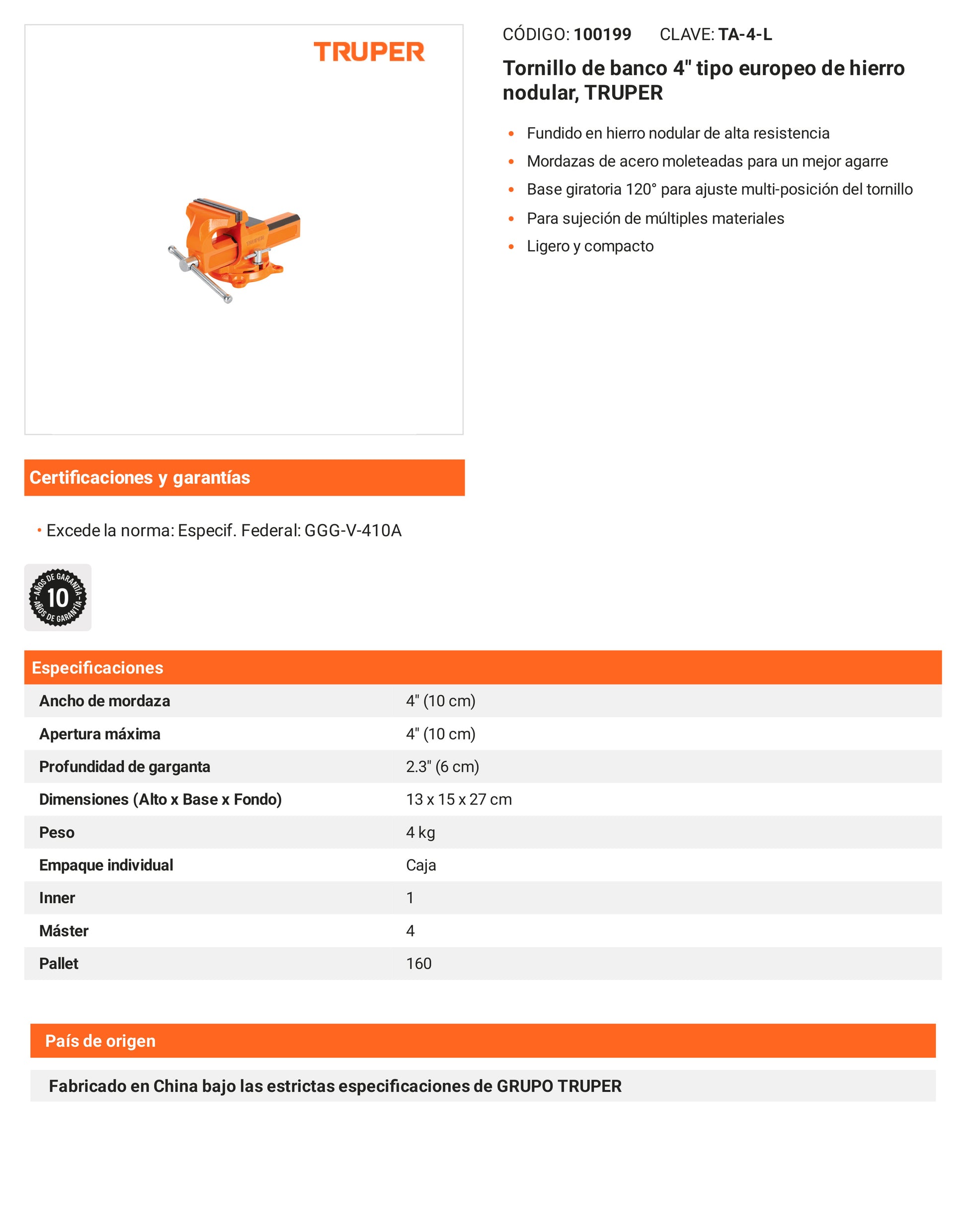 Ficha tecnica - Tornillo de banco 4 pulg tipo europeo - SKU 100199