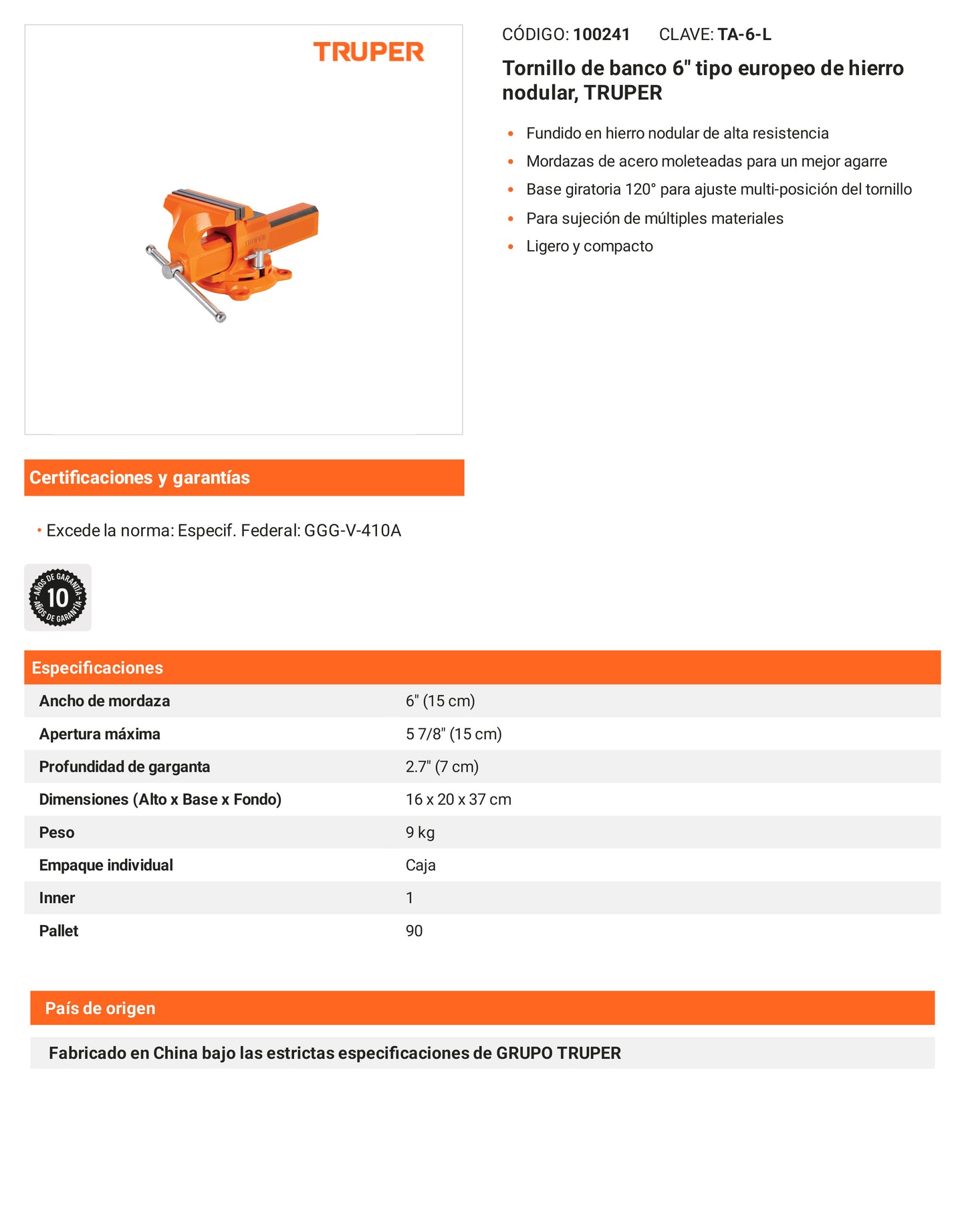 Ficha tecnica - Tornillo de banco 6 pulg tipo europeo - SKU 100241