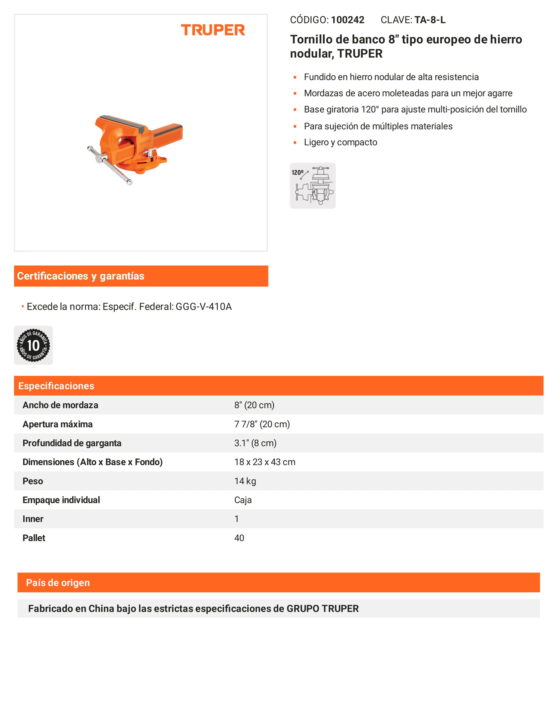 Ficha tecnica - Tornillo de banco 8 pulg tipo europeo - SKU 100242