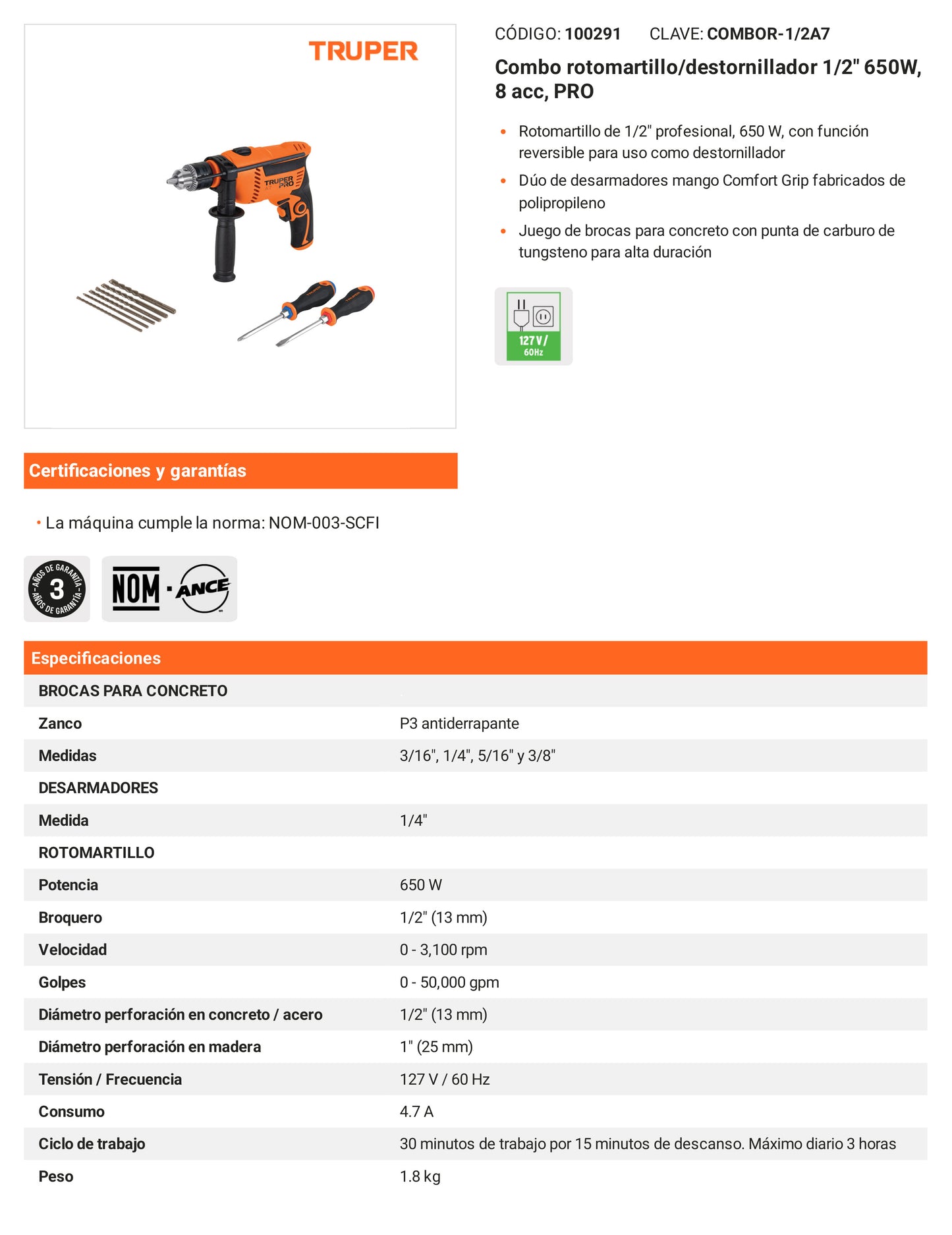 Ficha tecnica - Combo rotomartillo/destornillador 1/2 pulg 650W 8 acc PRO - SKU 100291