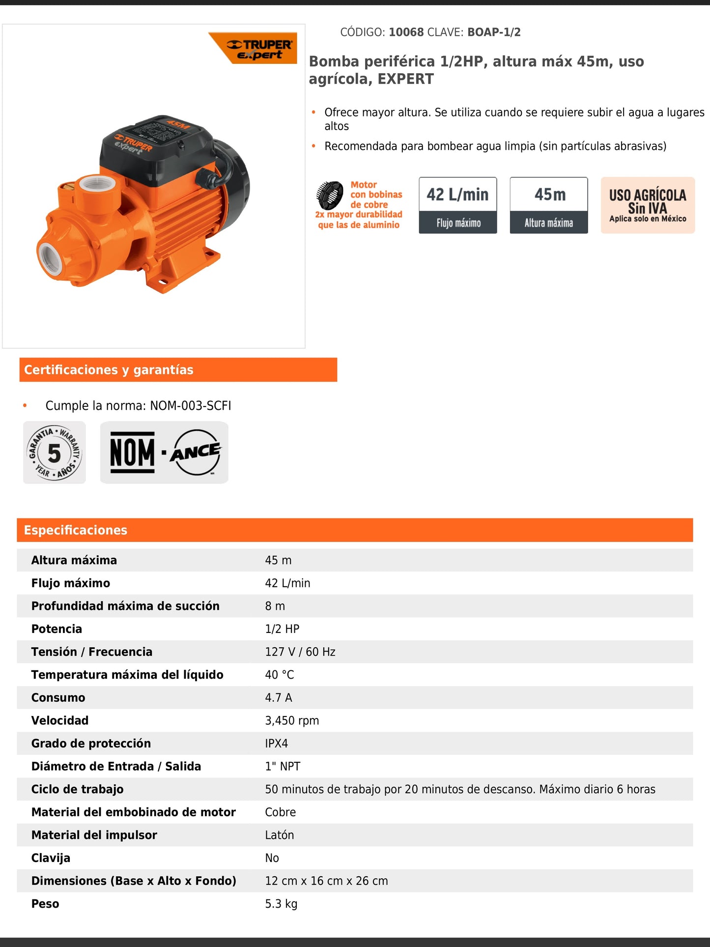 Bomba periférica de 1/2 HP agrícola