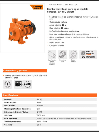 Bomba centrífuga de 1/4 HP modelo europeo