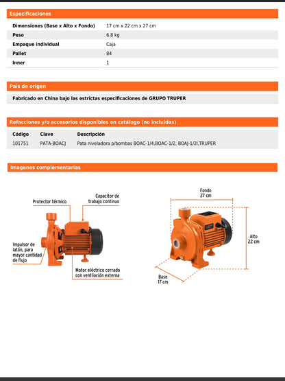 Bomba centrífuga de 1/4 HP modelo europeo