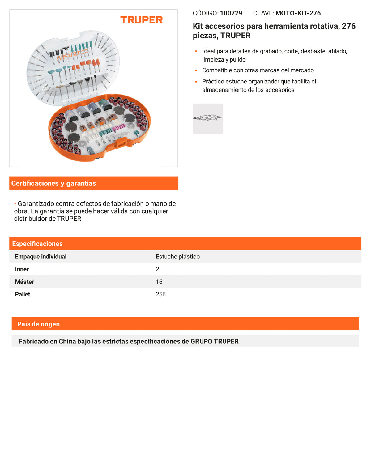 Ficha tecnica - Kit accesorios para herramienta rotativa 276 piezas - SKU 100729