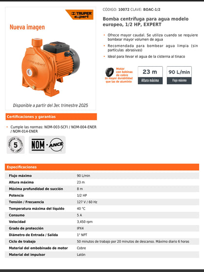 Bomba centrífuga de 1/2 HP modelo europeo
