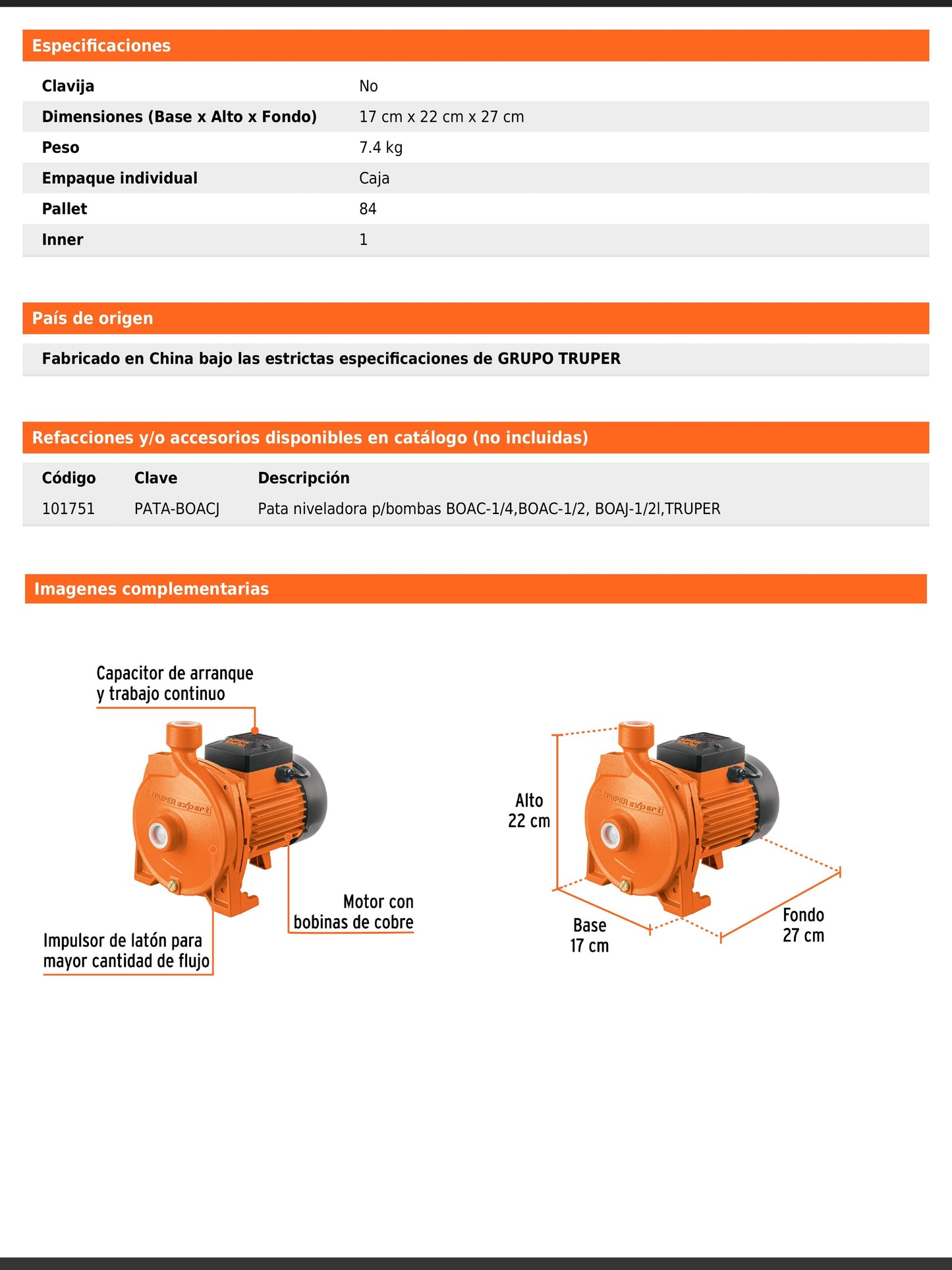 Bomba centrífuga de 1/2 HP modelo europeo