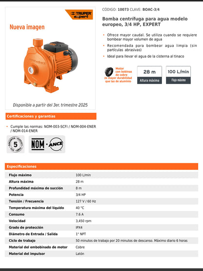 Bomba centrífuga de 3/4 HP modelo europeo