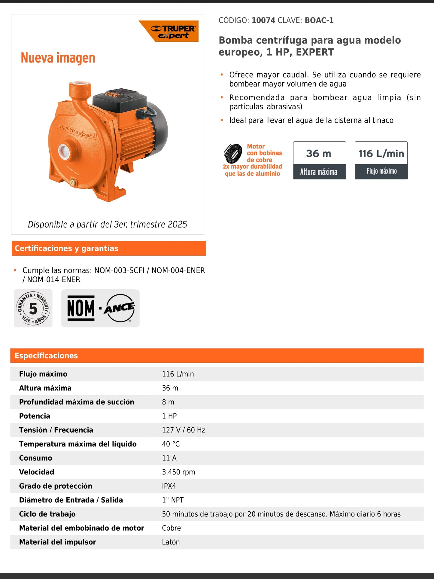 Bomba centrífuga de 1 HP modelo europeo