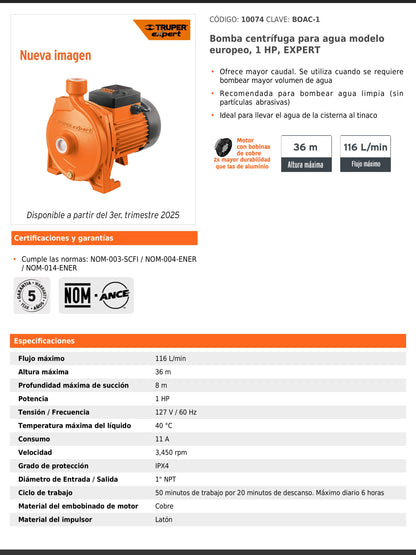 Bomba centrífuga de 1 HP modelo europeo